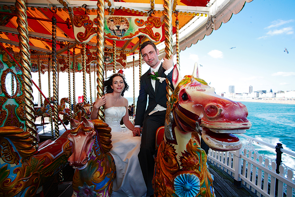 wedding couple on Carousel, brighton pier